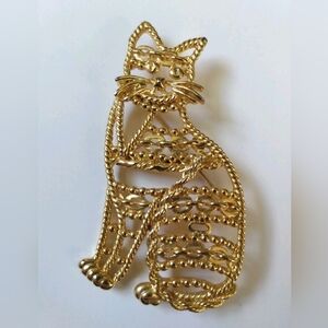 Vintage 80s AJC gold tone CAT pin brooch LARGE textured rope modern statement